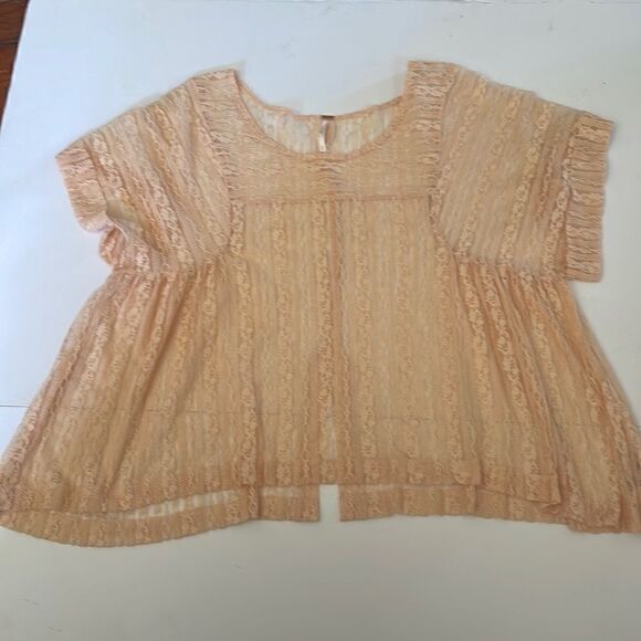 Free People Peach Tea Lace Sheer Oversized Split Back Top - Picture 2 of 10